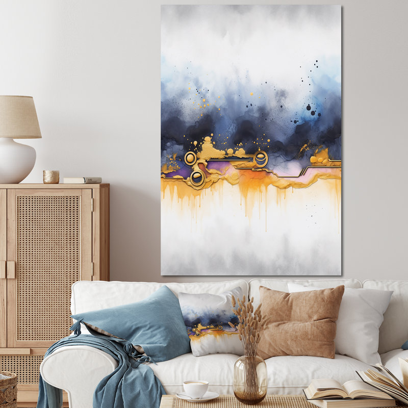 Abstrait bleu et jaune cascade de marbre III - formes abstraites, art mural, Toile tendue, 44" H x 34" W