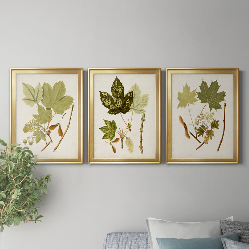 «Antique Leaves IV», ensemble de 3 impressions sur toile encadrées, H 26,5 po x l 109,5 po x P 1,5 po, Doré