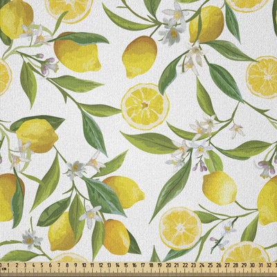 Tissu naturel au bord de la cour, branches de citronnier exotiques, délicieux design de jardinage de cuisine, tissu en microfibre pour textiles et décors artisanaux, 1 cour, vert fougère jaune blanc