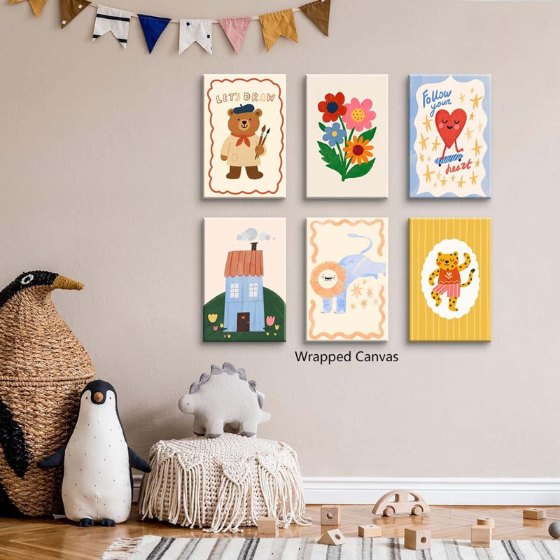 Set Of 6 Nursery Canvas Wall Art, Colorful Flowers And House Poster For Baby Room, Cute Bear Playroom Print, Lion And Tiger Cartoon Painting For Toddler Bedroom 16X24in Wrapped Canvas