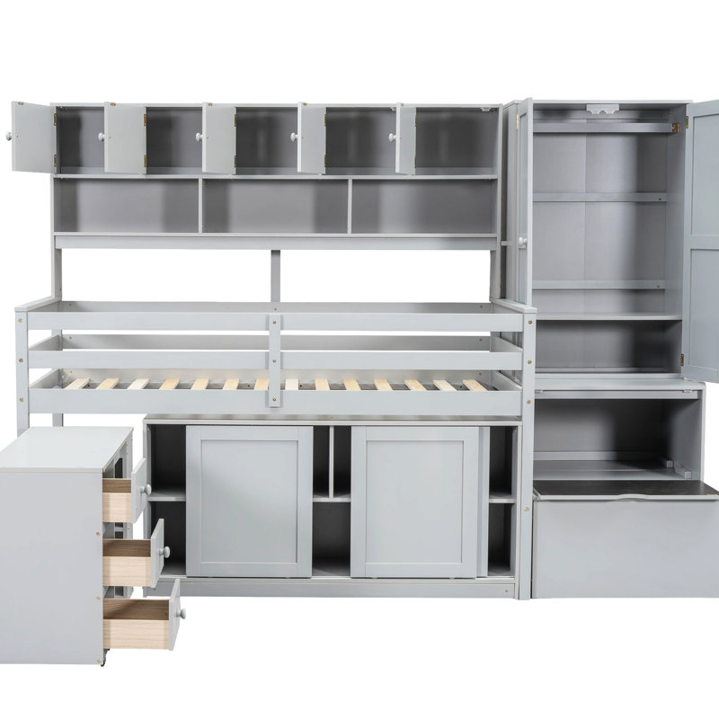 Lit mezzanine simple gris avec bureau, tiroirs et tablettes de rangement, Gris, Lit simple