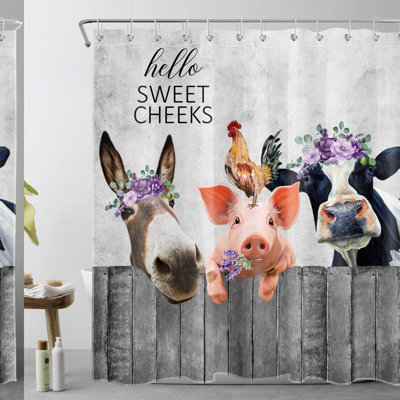 Farmhouse Charm Animal Shower Curtain - Funny Donkey, Pig, and Cow with Lavender on Grey Fence - Hello Sweet Cheeks Bathroom Decor - Easy Care Polyester Fabric