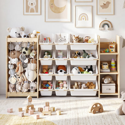 Stuffed Animal Storage & Toy Organizer – Solid Wood Kids Shelf with 9 Pull-Out Bins, Display Shelf & Quick Assembly – Space-Saving Playroom Furniture for Daycare, Nursery & Bedroom