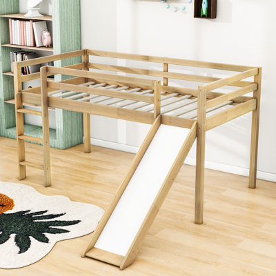 Twin Wood Loft Bed With Slide And Safety Guardrails