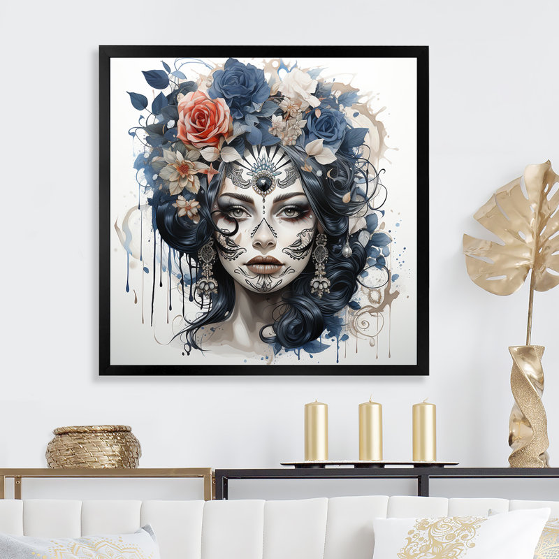 Jour des morts, Diva, aquarelle mexicaine III - art mural mexicain, Cadre simple noir, H 36 po x l 36 po x P 1,5 po