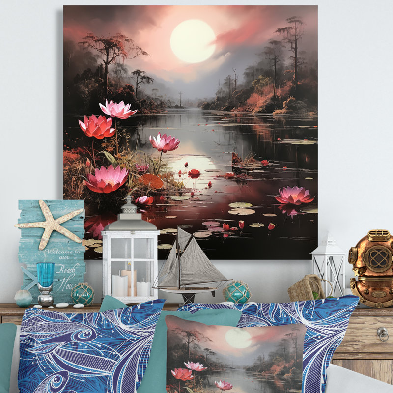 «Tropical Lake Pond Moonlight» - art mural bord de mer tropical, Toile tendue, H 30 po x l 30 po x P 1,5 po