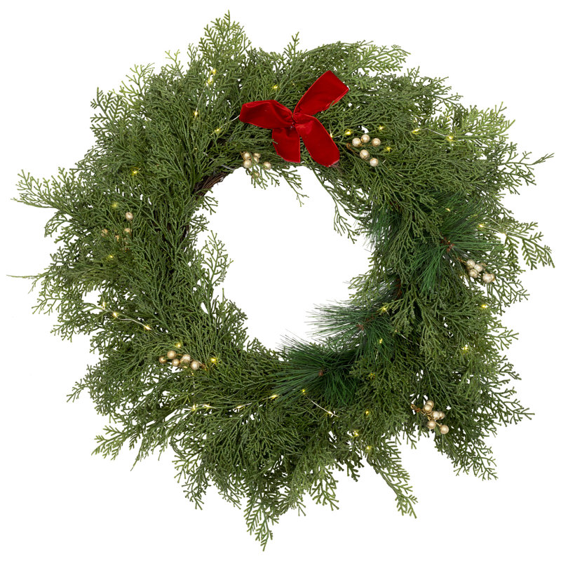 Real Touch Cedar And White Pine Artificial Christmas Wreath - 30" - Warm White LED