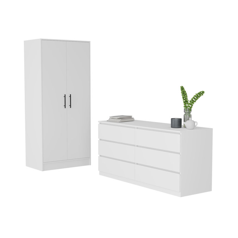 Ensemble de chambre à coucher 2 pièces, armoire et commode, blanc