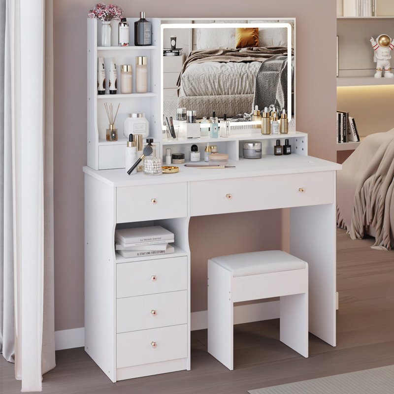 Table de chevet de l'armoire de chevet avec tabouret rembourré, très grand miroir à DEL tactile, interrupteur à 3 couleurs, rangement multi-couches à grande capacité