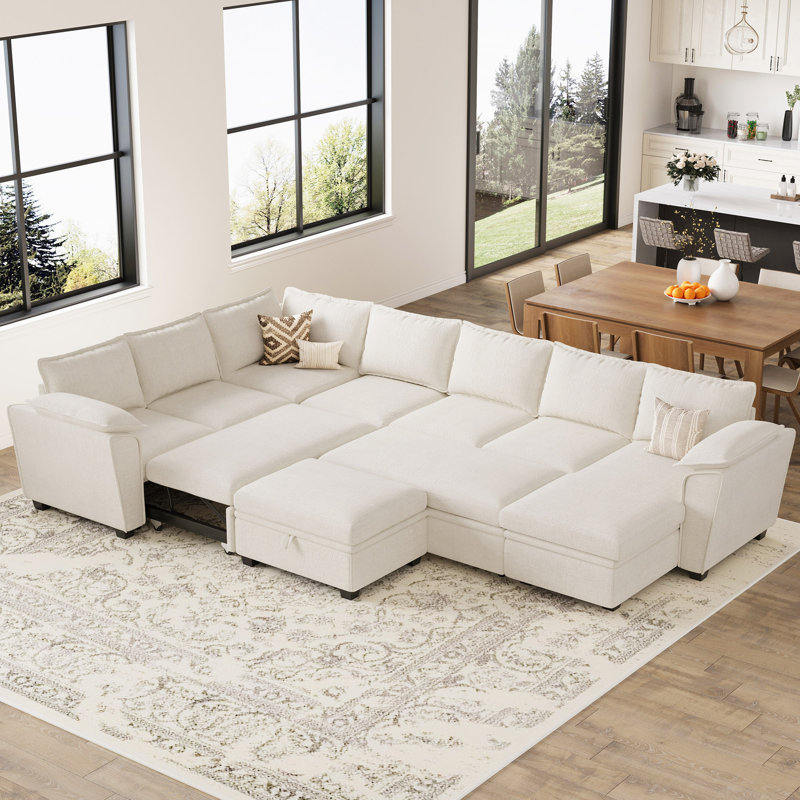 Luna Large Chenille U-Shaped Stoarge Sofa Convertible Oversized Pull Out Bed Sleeper Livingroom Couch With Ottoman