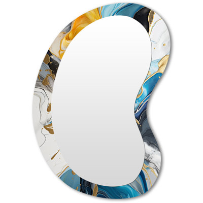Ethelwyn Blue and yellow Liquid Ink Abstraction harmony II - Liquid Ink Asymmetrical Large Wall Mirror, Blue Irregular Shape Decorative Mirror, Printed Metal Art