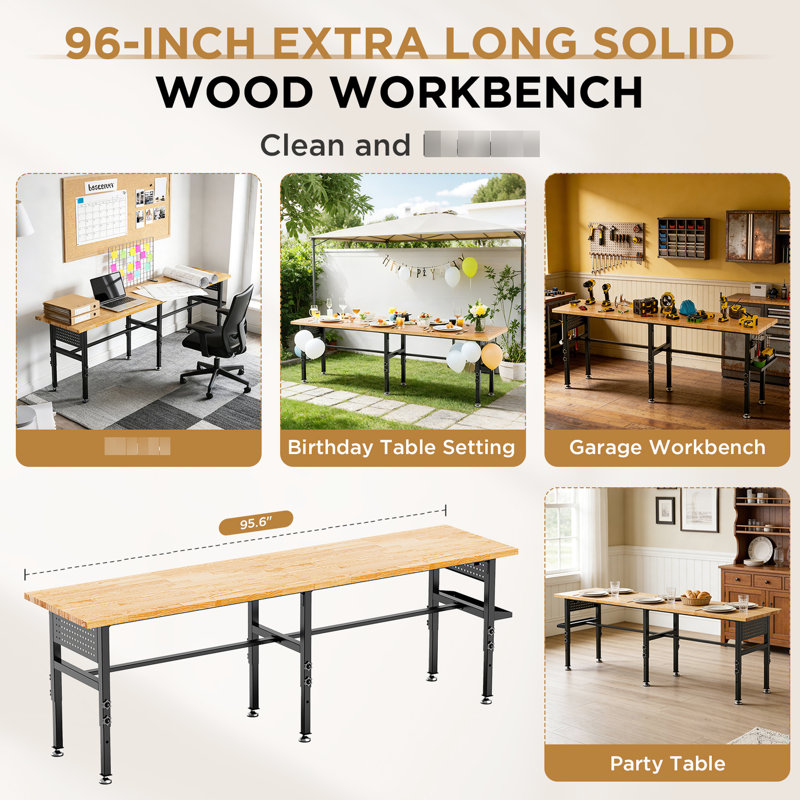 Établi extra-long de 244 cm (96 po) avec plateau en bois massif, capacité de 907 kg (2 000 lb), 4 hauteurs réglables, rangement latéral et prise électrique – Idéal pour un usage professionnel. Plateau de 244 cm (96 po), capacité de charge, coffre de rangement, roulettes.