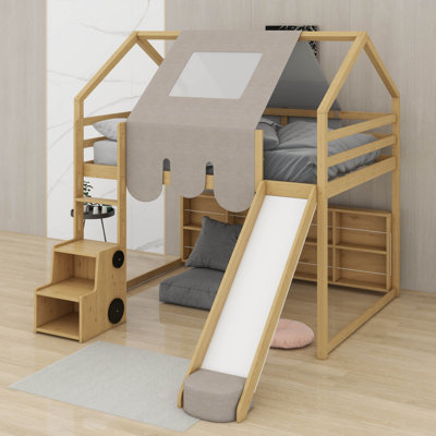 Lit mezzanine double en bois en forme de maison avec tente
