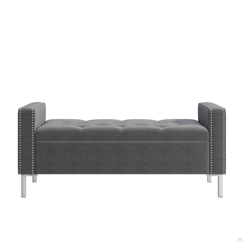 Banc repose-pieds carré avec accoudoirs carrés et garniture cloutée en velours moelleux gris anthracite