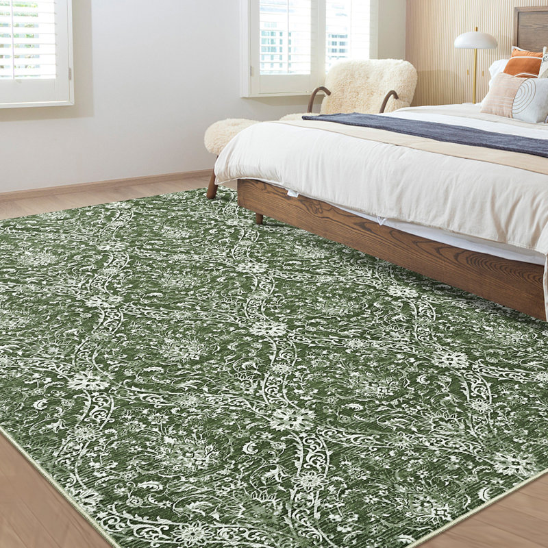 Floral Machine Washable Rug with Rubber Backing for Living Room Non-Slip Area Rug Vintage Indoor Carpet Non-Shedding Rug for Bedroom Dining Room Hallway Kitchen Office Playroom Nursery