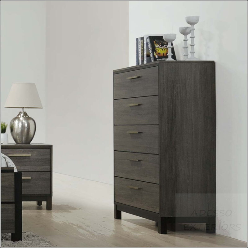 Commode en bois 5 tiroirs - Finition gris antique avec glissières en métal