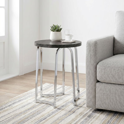 Table d'appoint ronde en métal avec dessus en faux marbre gris