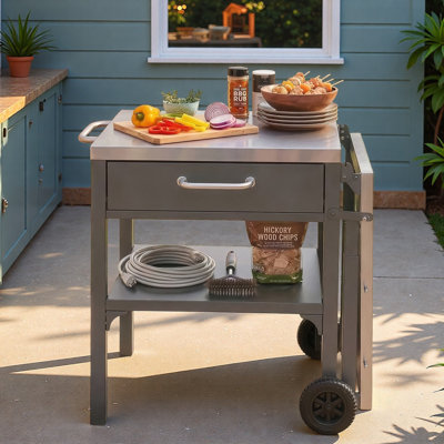 Outdoor Kitchen Island Grill Cart With Foldable Side Table, Stainless Steel Worktop, Open Storage Space And Metal Hooks