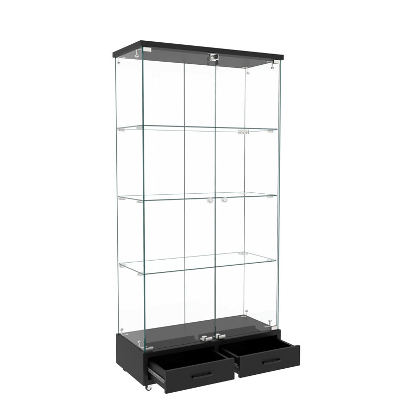 Vitrine moderne en verre avec 2 grands tiroirs, Noir