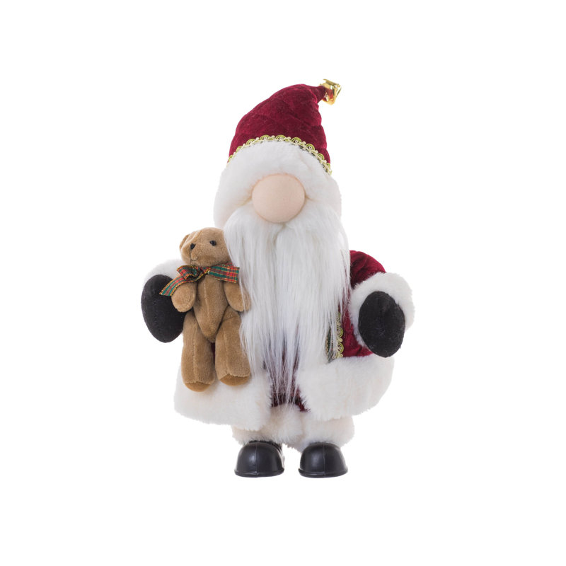 Père Noël gnome traditionnel bourgogne / blanc tenant un ours en peluche