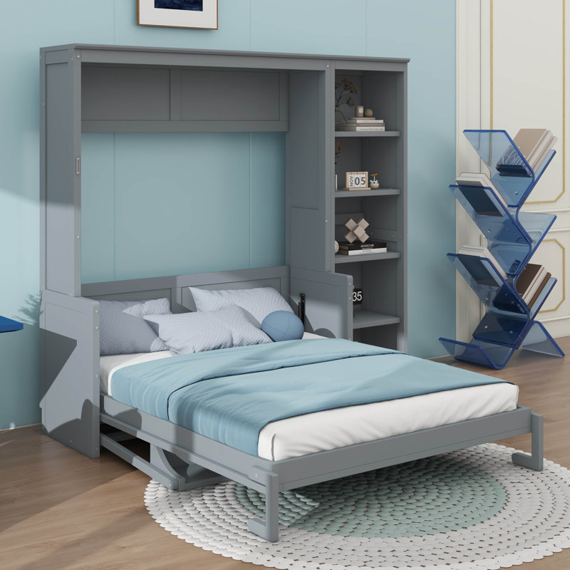 Grand lit escamotable avec bureau intégré et bibliothèque intégrée, gris