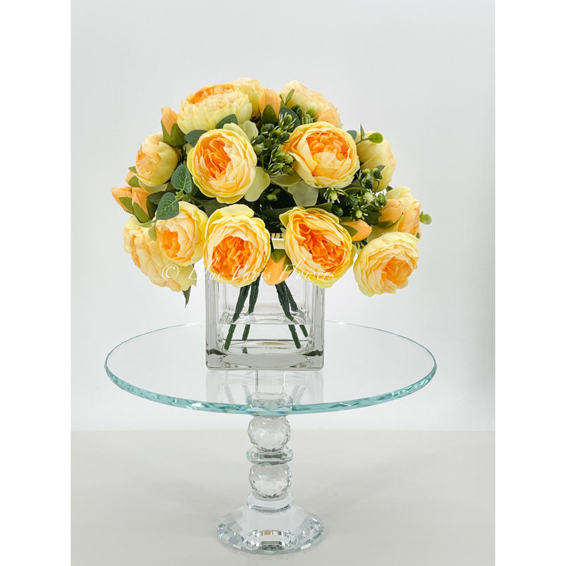 Rose Peony Arrangement, Realistic Artificial Faux Centerpiece In Glass Vase, Yellow
