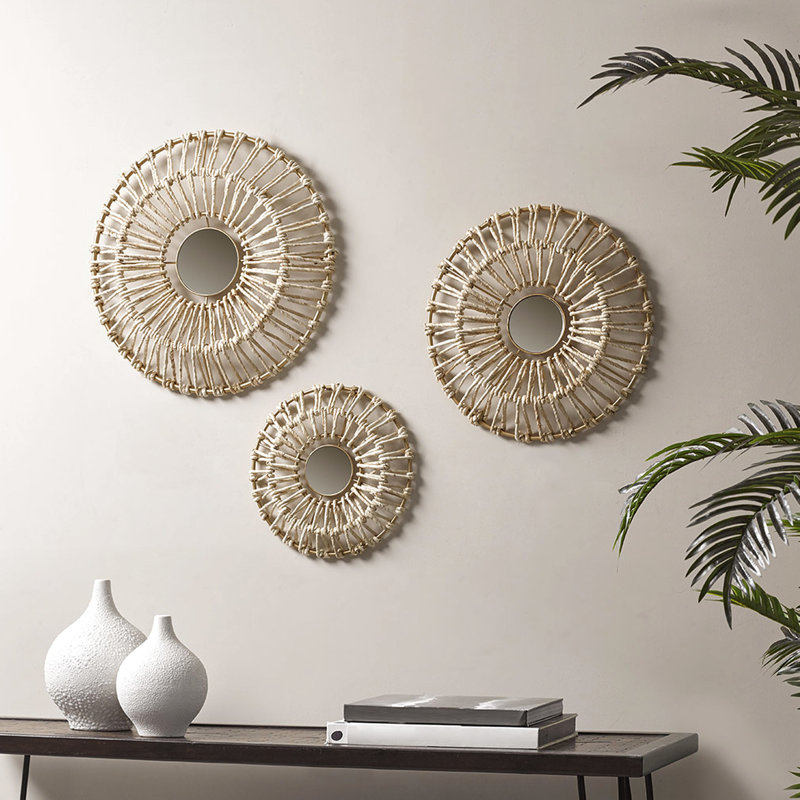 Décoration murale en fibre naturelle et miroir (3) - Style pour la maison 20,5 po, 17,25 po, 13,25 po de diamètre, brou de maïs tissé au centre, cintre en trou de serrure 3 accessoire d'ameublement enveloppé, élément, suspension