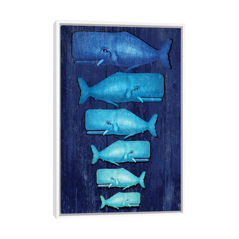 «Whale Family Blue on Blue» par Fab Funky - impression d'art graphique, H 26 po x l 18 po x 1,5 po, Toile blanche encadrée