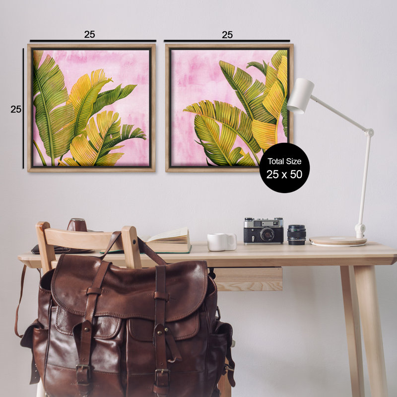 Ensemble de 2 toiles flottantes roses et palmiers, design par Grace Popp, H 25 po x l 25 po, Cadre flottant orme Montalcino