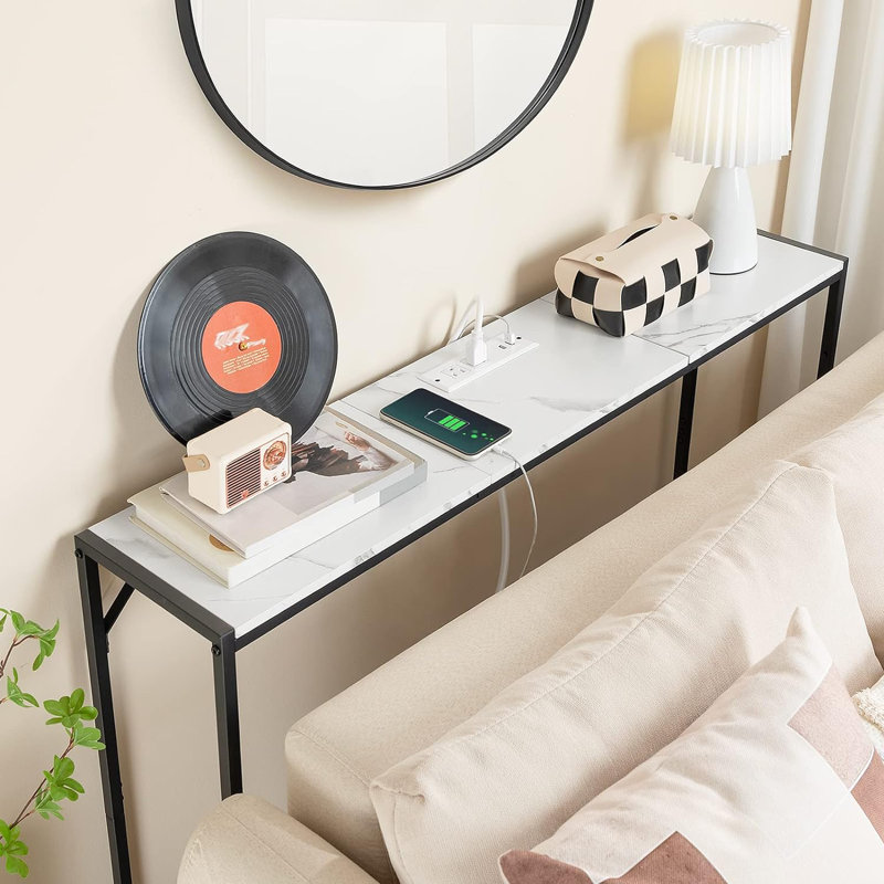 43.3” Entrance Table with Power Station, Behind Couch Table, Marble/Black, 29.2" H x 43.3" W x 9.4" D