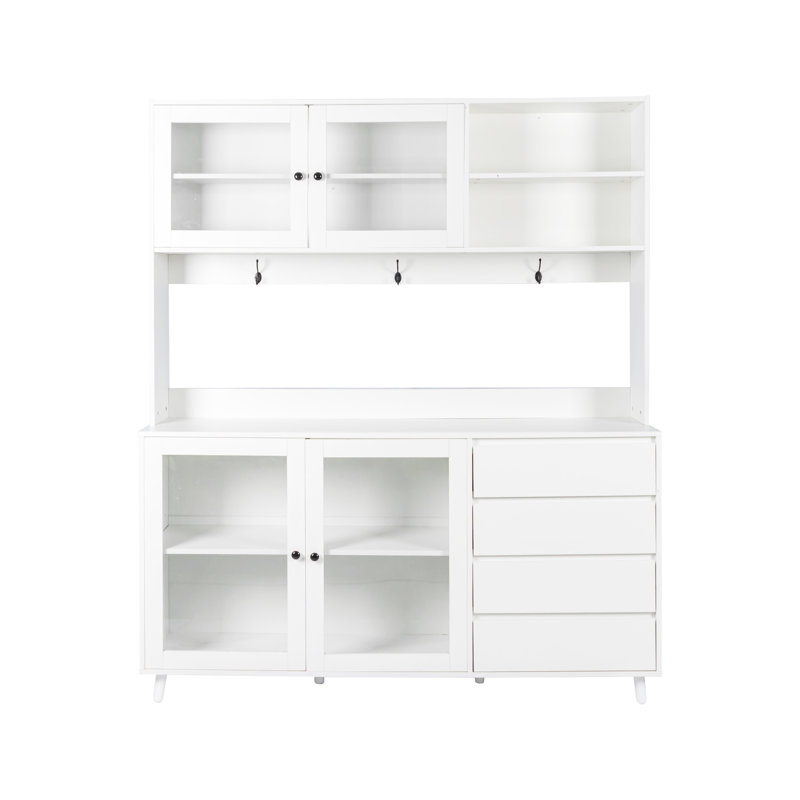 63'' Wide Kitchen Hutch Cabinet with Glass Doors, Drawers, and Microwave Shelf – Walnut Pantry Storage, White