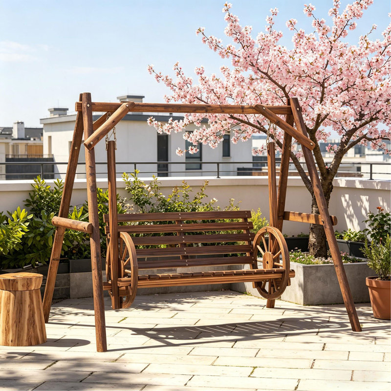 Balancelle de véranda 2 places avec support en A, banc de patio en bois rond avec accoudoirs à roulettes