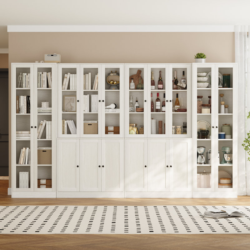 White Book Cabinet Storage Bookcase, 5-Tier Modern Bookshelves With 3 Large Drawer And Glass Door(2C+2D)