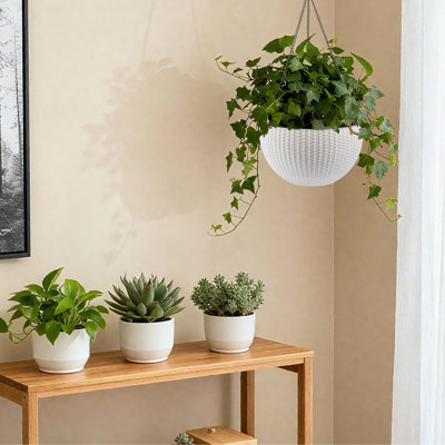 Jardinière suspendue de 13,4 pouces inspirée du rotin, grande capacité, résistante à la pourriture des racines avec indicateur de niveau d'eau, double usage pour la décoration intérieure et le balcon (paquet de 2, blanc)