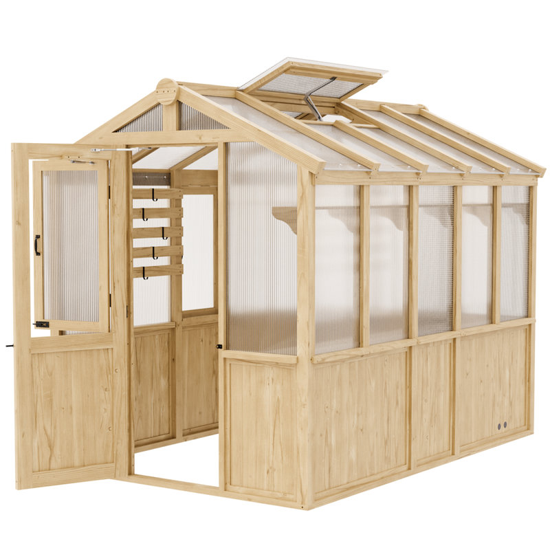 Wooden Greenhouse, Cedar Wood and Polycarbonate Walk-In Outdoor Greenhouse, 6.7 ft x 9.7 ft x 7.7 ft