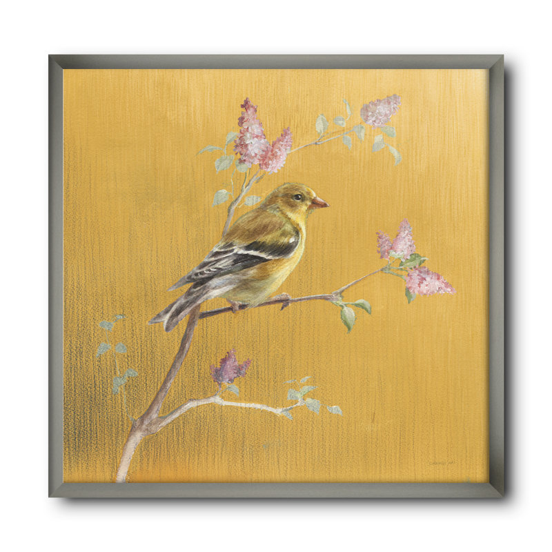 Reproduction d'art sur toile, "Oiseau doré sur fleurs", H 30 po x l 30 po x P 1 po, Cadre argenté
