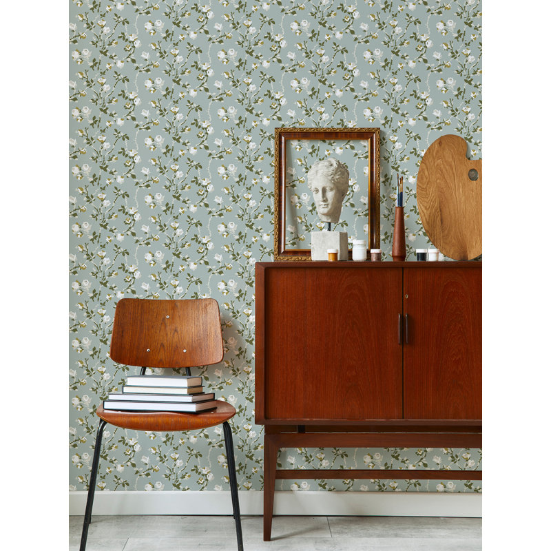 Lady Charlotte Rose Thorns 10' L x 24" W Peel and Stick Wallpaper Tile, Ash Blue, Peel & Stick