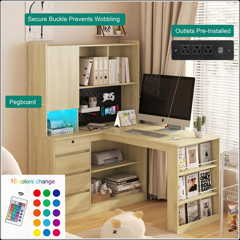 Bureau en L avec chargeur, tiroir d'ordinateur, bibliothèque, lumière DEL, bureau d'angle moderne pour le bureau à domicile et les jeux