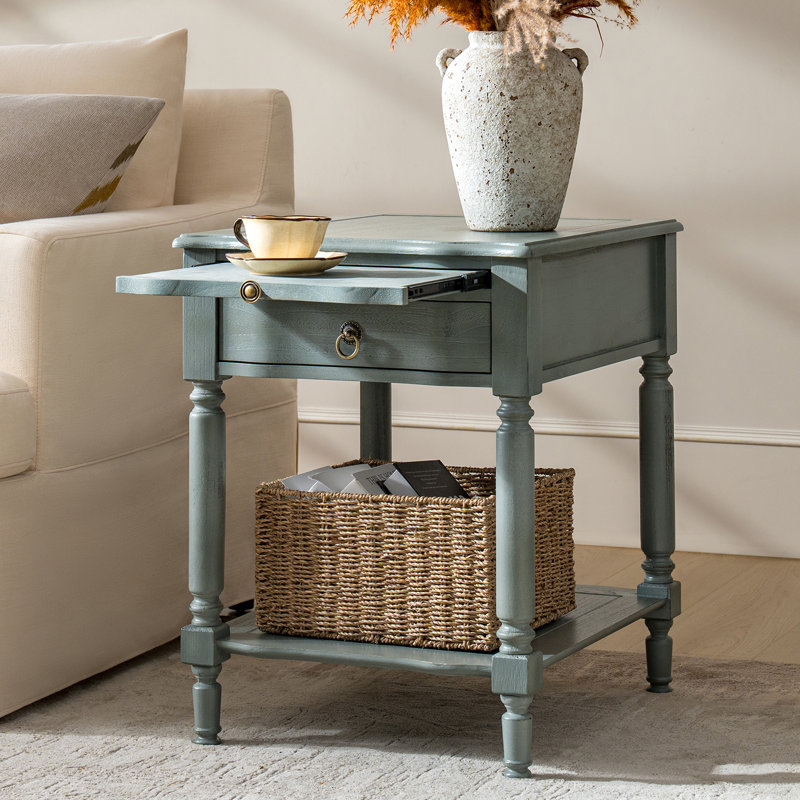 Sessoms Traditional 20"W Solid Wood 1-Drawer End Table with Built-in Charging Station, Blue
