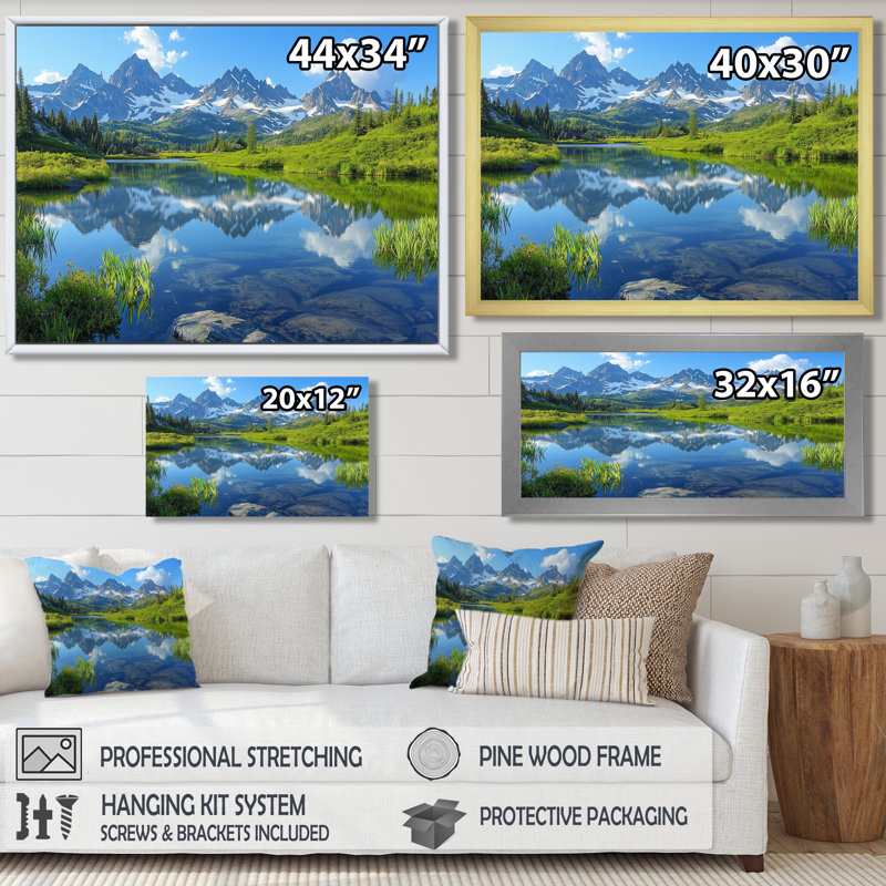 Giselly Mountain River Reflections In Rocky Mountains I - montagnes, art mural, H 34 po x l 44 po, Brun