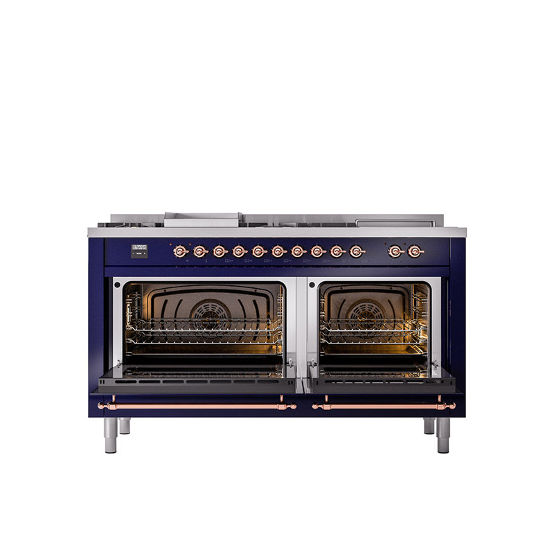 ILVE Nostalgie II 60 in Dual Fuel Range, 7 Burner, Griddle, Frenchtop, Liquid Propane, Blue/Copper