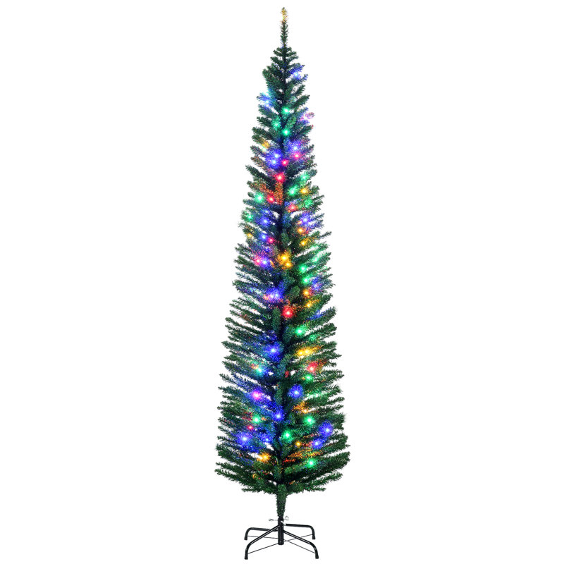 7 ft Pre-Lit Pencil Christmas Tree with 180 Multicolor LED Lights, 499 Branch Tips, Pine Cones, Hinged Branches & Steel Stand, Green