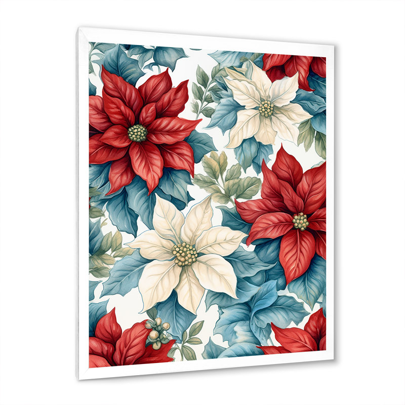 Poinsettia Passion I - impression sur toile florale, Cadre simple blanc, H 20 po x l 12 po x P 1 po