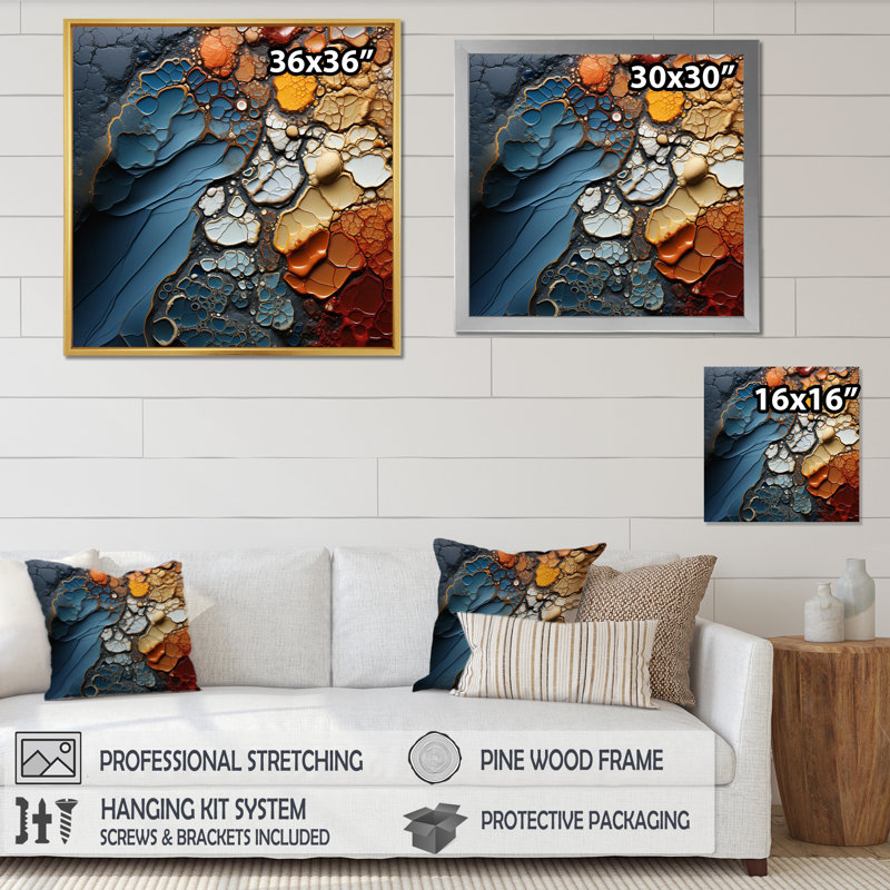«Blue and Orange Fluid mouvements», reproduction sur toile, H 36 po x l 36 po x P 1,5 po, Cadre doré à une seule photo