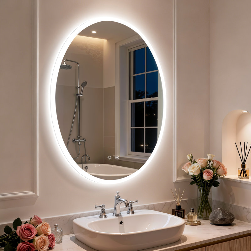 Oval LED Lighted Bathroom Mirror Backlit with Defog Memory Function , 60x80cm