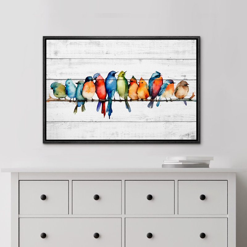 " Watercolor Row Of Birds On A Wire Canvas Print Colorful And Whimsical Bird ", 24" H x 36" W, Black