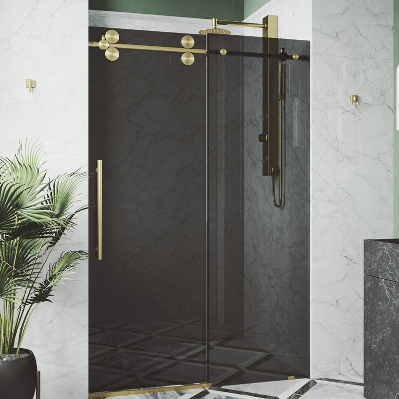 Porte de douche coulissante sans cadre avec verre teinté 3/8 po l 68-72 po x H 74 po Elan, Or brossé mat