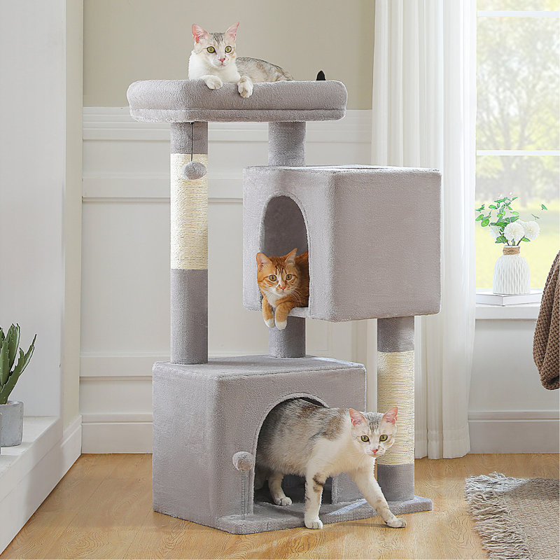 Arbre à chat L 43,3 po pour chat de taille moyenne à plus de 20 lb, 2 grottes spacieuses avec grattoir épaissi de 3,4 po, grand perchoir supérieur, 2 jouets interactifs