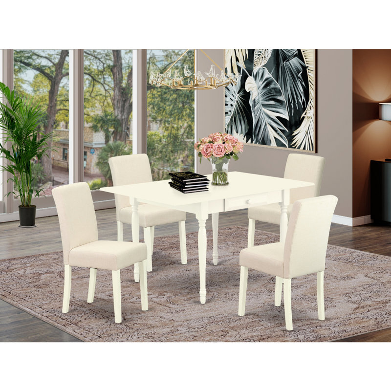 L'ensemble de mobilier de salle à manger 5 pièces comprend une table de salle à manger rectangulaire avec Dropleaf et 4 chaises rembourrées en lin beige clair, lin blanc