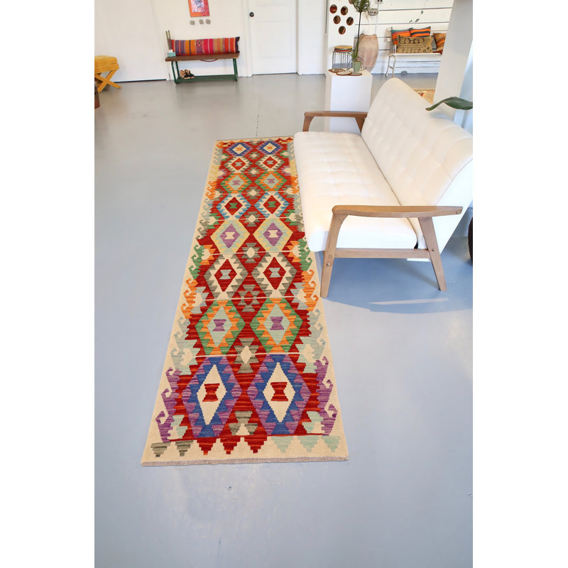 Tapis de couloir beige / bleu / vert en laine noué à la main 2 pi 10 po x 9 pi 9 po Delcastillo